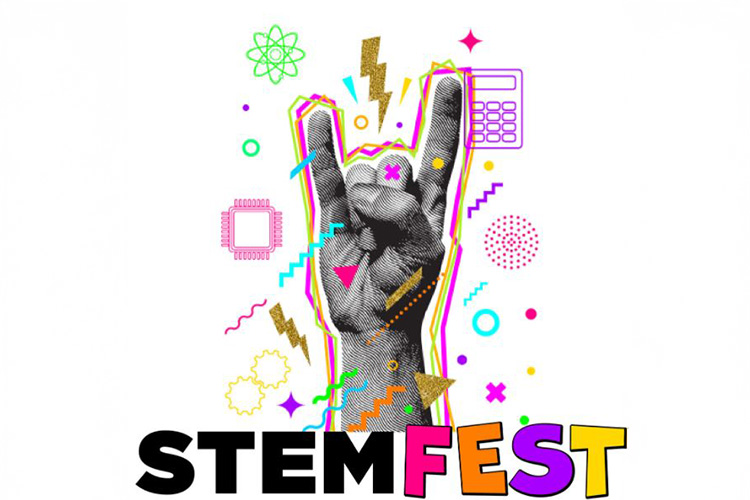 A promotional image for 'STEMFEST' featuring a black and white photograph of a hand making the rock 'n' roll gesture (index and pinky fingers extended) surrounded by colorful Memphis-style design elements including lightning bolts, geometric shapes, stars, and scientific symbols like atoms and microchips. The text 'STEMFEST' appears at the bottom in bold letters with 'STEM' in black and 'FEST' in bright orange and yellow colors. The overall design combines scientific/technological motifs with a punk rock aesthetic.